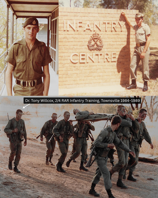 Dr. Tony Willcox during his service with the 2/4 RAR Australian Army Infantry, pictured in uniform and on field training exercises in Townsville, Australia from 1984 to 1989.