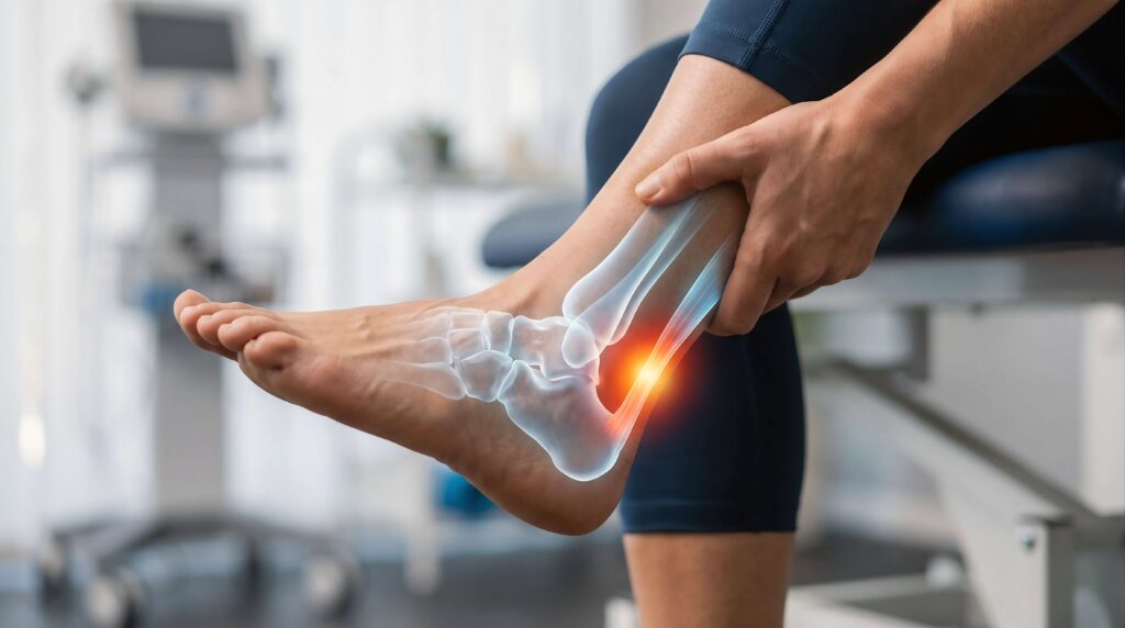Active person holding their painful Achilles tendon and ankle