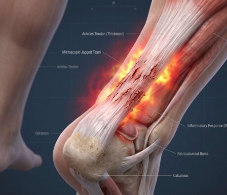 Anatomical illustration of Achilles tendinopathy showing tendon tears and inflammation