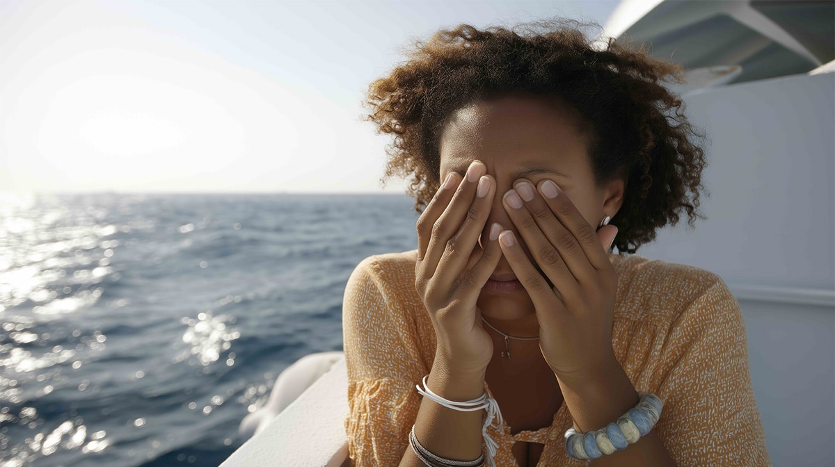 Person on a boat covering their face with both hands, looking unwell, with the open ocean in the background, illustrating acupuncture for motion sickness support in Delray Beach.