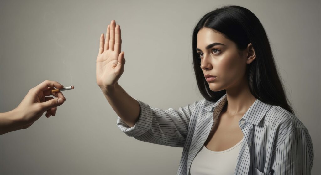 Woman raising her hand to refuse an offered cigarette, choosing to quit smoking