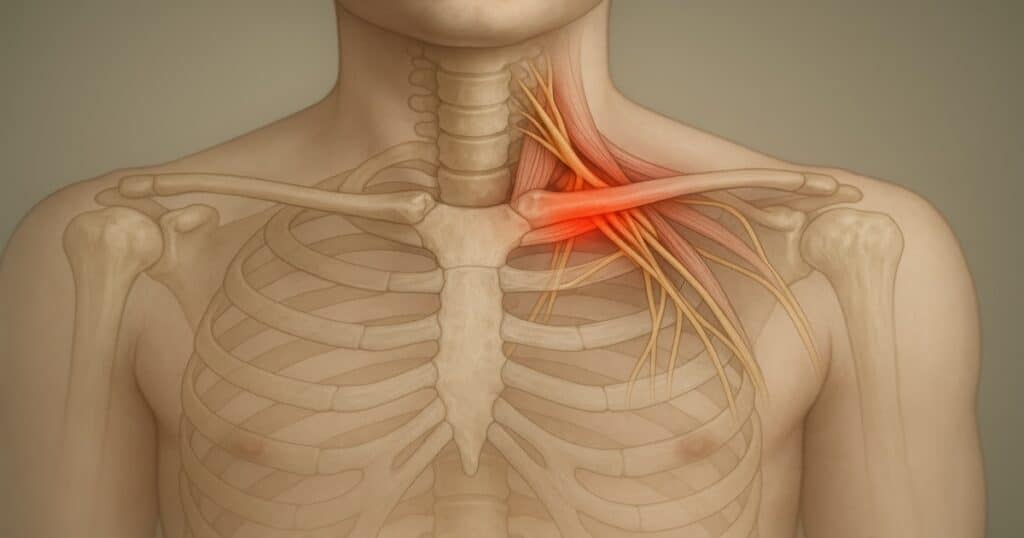 Acupuncture for thoracic outlet syndrome — anatomy showing nerve compression between the collarbone and first rib