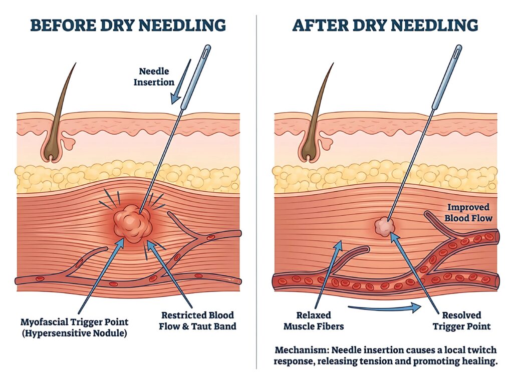 Acupuncture vs dry needling — diagram of dry needling releasing a myofascial trigger point and restoring blood flow