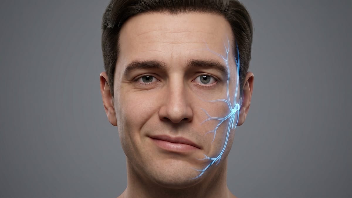 Illustration of a man's face with the facial nerve highlighted on one side, representing Bell's palsy facial paralysis