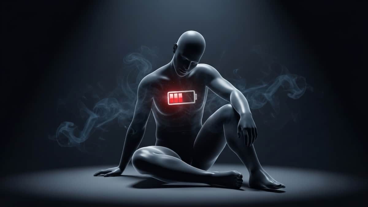 Exhausted figure sitting with a low-battery symbol on the chest, representing chronic fatigue syndrome