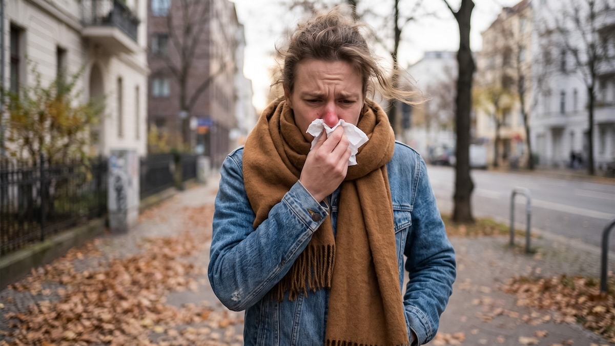 Person in a scarf blowing their nose outdoors on a cold day, representing the common cold