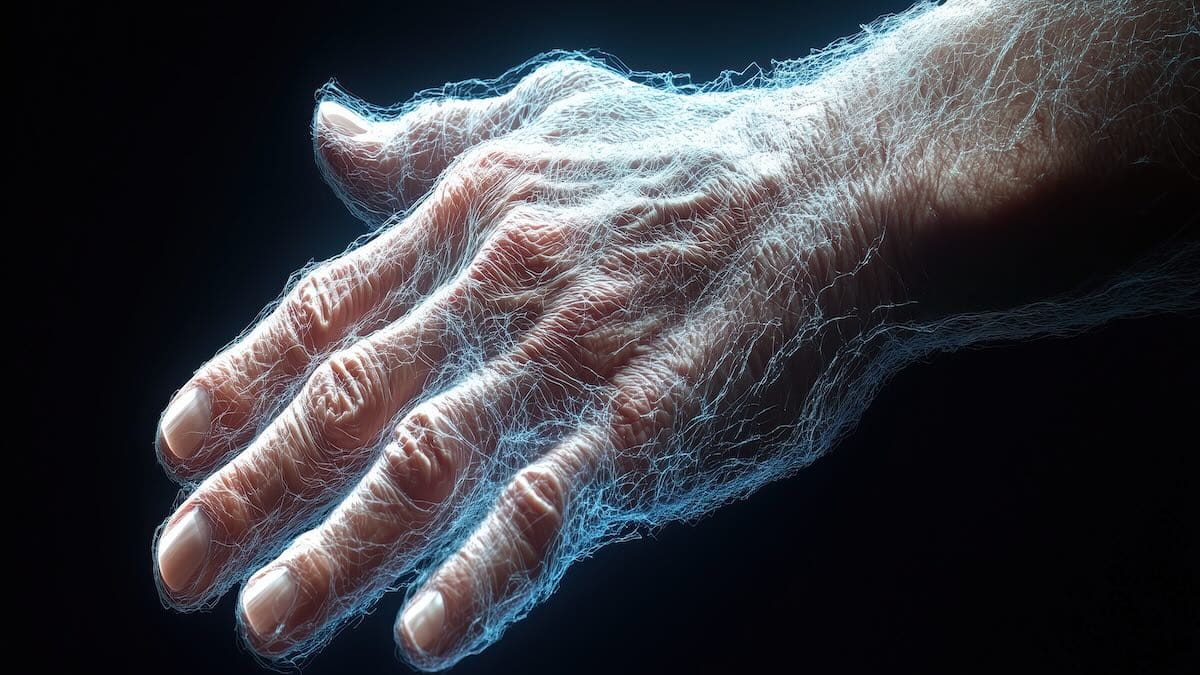 Close-up of an aging hand with a glowing neural network overlay illustrating the nervous system in essential tremor