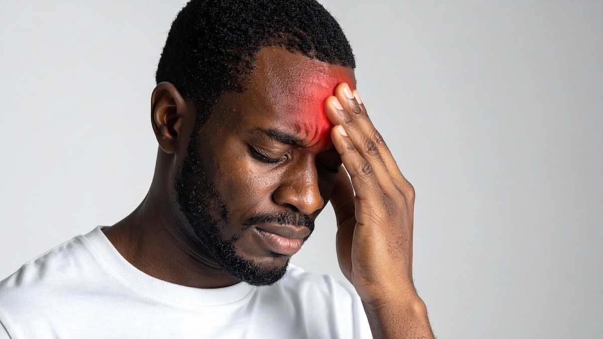 Man pressing his temple with headache pain highlighted — headache care at Acupuncture Zen in Delray Beach