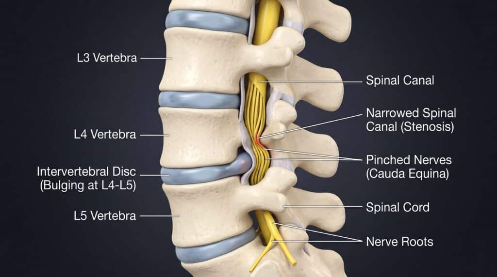 Side-view diagram of lumbar spinal stenosis at L4-L5 showing a narrowed spinal canal and pinched nerves