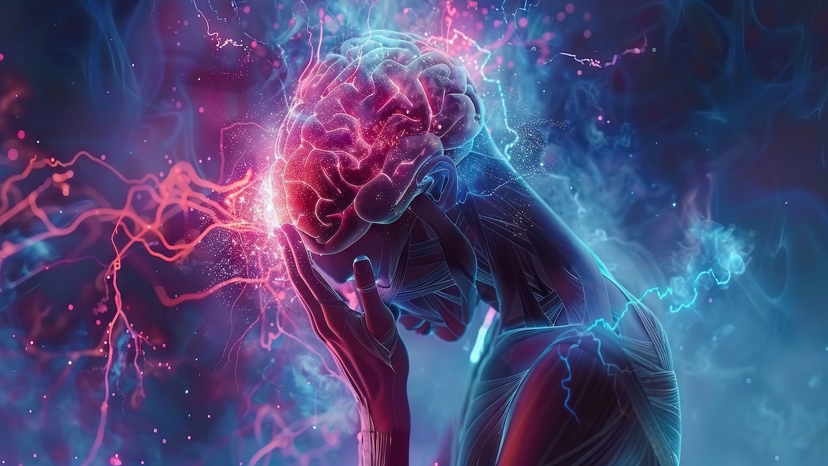 Digital illustration of a figure holding their head with the brain and nerve pathways lit up in red and blue, neurological disorders acupuncture in Delray Beach
