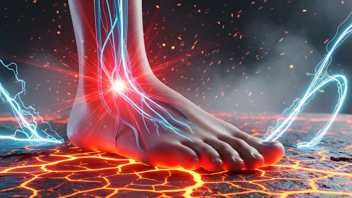 Digital illustration of a foot and ankle with glowing nerves and electric currents showing burning nerve pain, peripheral neuropathy acupuncture in Delray Beach