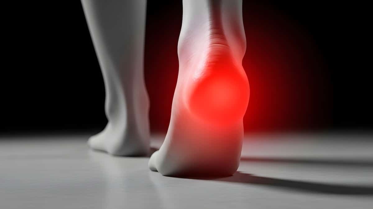 Close-up of a bare heel while walking with the heel glowing red to show plantar fasciitis pain, plantar fasciitis acupuncture in Delray Beach