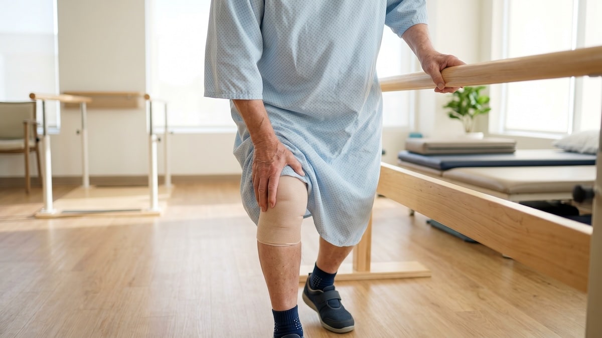 Older patient in a gown wearing a knee brace and steadying on a rail during rehab, post-operative pain acupuncture in Delray Beach