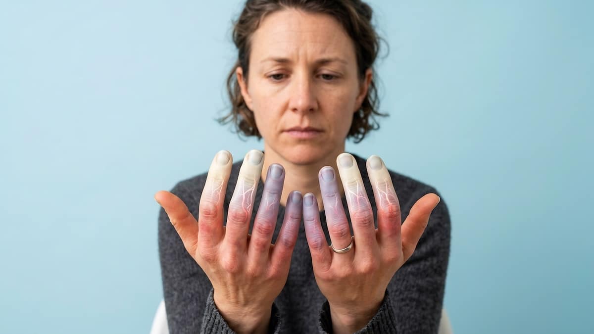 Woman holding out both hands with fingertips discolored white and blue from reduced circulation, Raynaud's syndrome acupuncture in Delray Beach