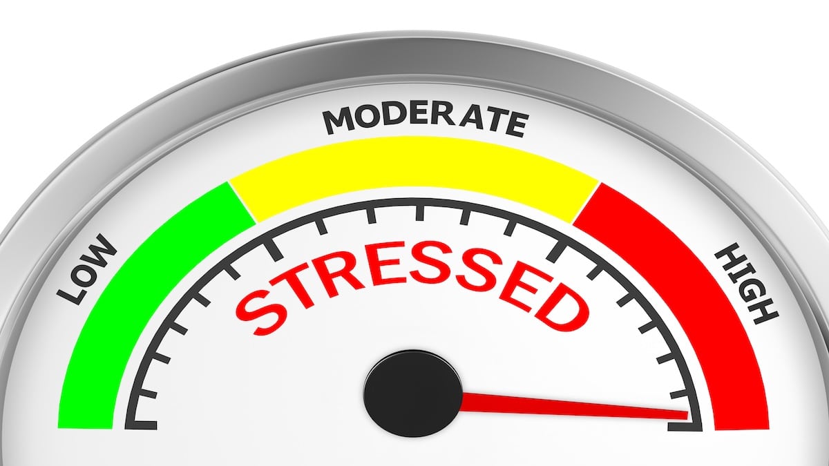 A gauge labeled "Stressed" with the needle pointing to the high red zone, stress relief acupuncture in Delray Beach
