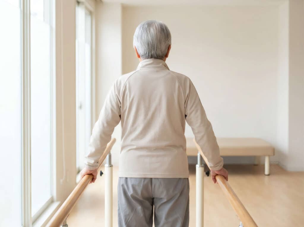 Older adult using parallel bars for mobility training during stroke rehabilitation