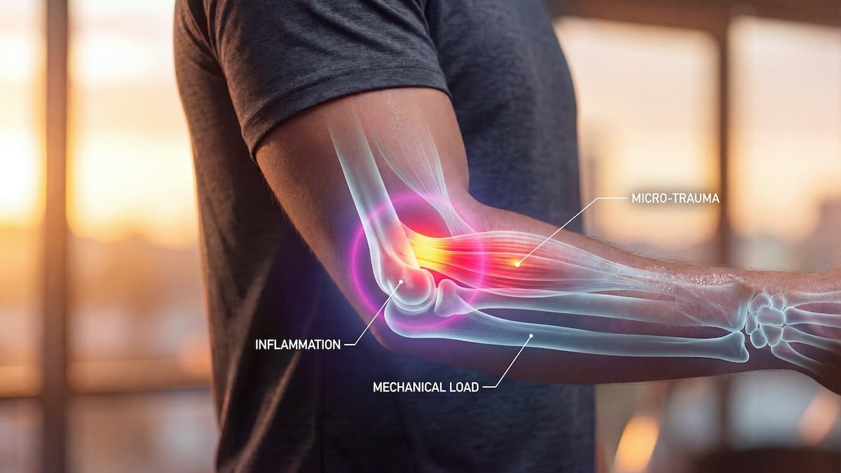 Illustration of a man's arm with the elbow joint highlighted showing inflammation and micro-trauma of tennis elbow, tennis elbow acupuncture in Delray Beach