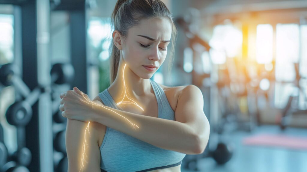 Woman with thoracic outlet syndrome nerve pain radiating from the neck down the arm after training at the gym