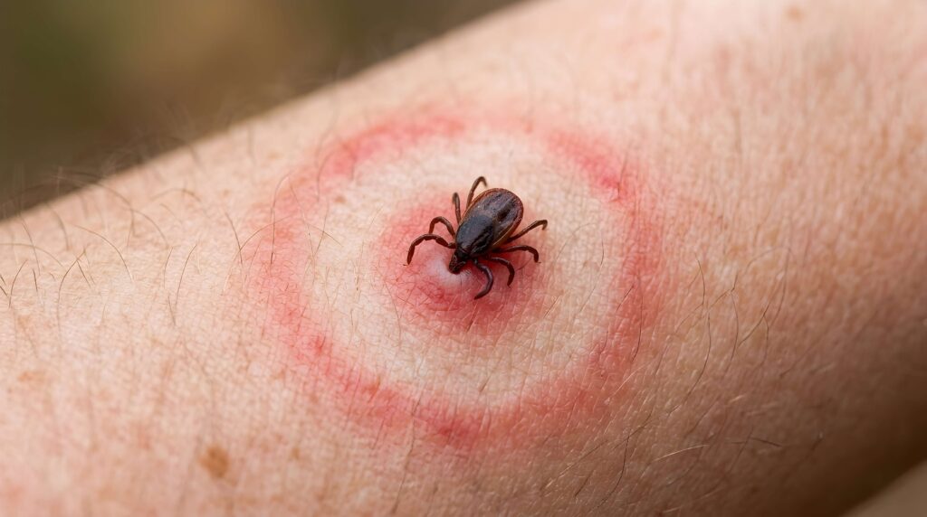 Close-up of an embedded tick and skin inflammation, a common cause of Lyme disease