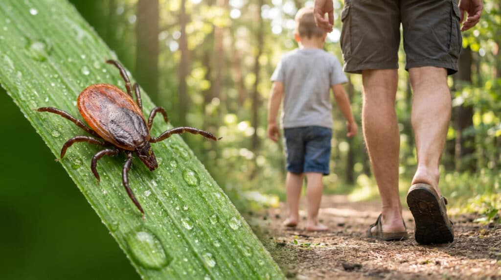 Tick on a blade of grass as a family hikes a wooded trail, a Lyme disease risk