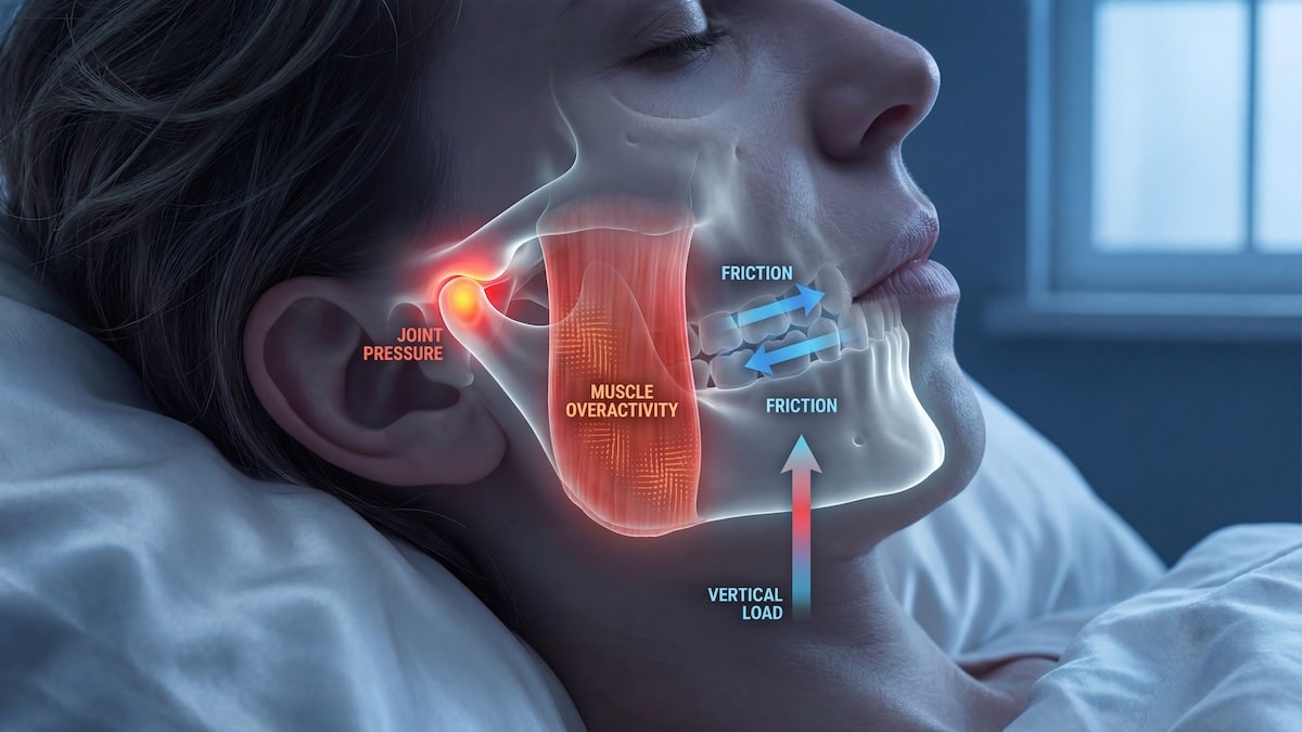 Illustration of a sleeping woman's jaw showing the temporomandibular joint under pressure with muscle overactivity labeled, TMJ dysfunction acupuncture in Delray Beach