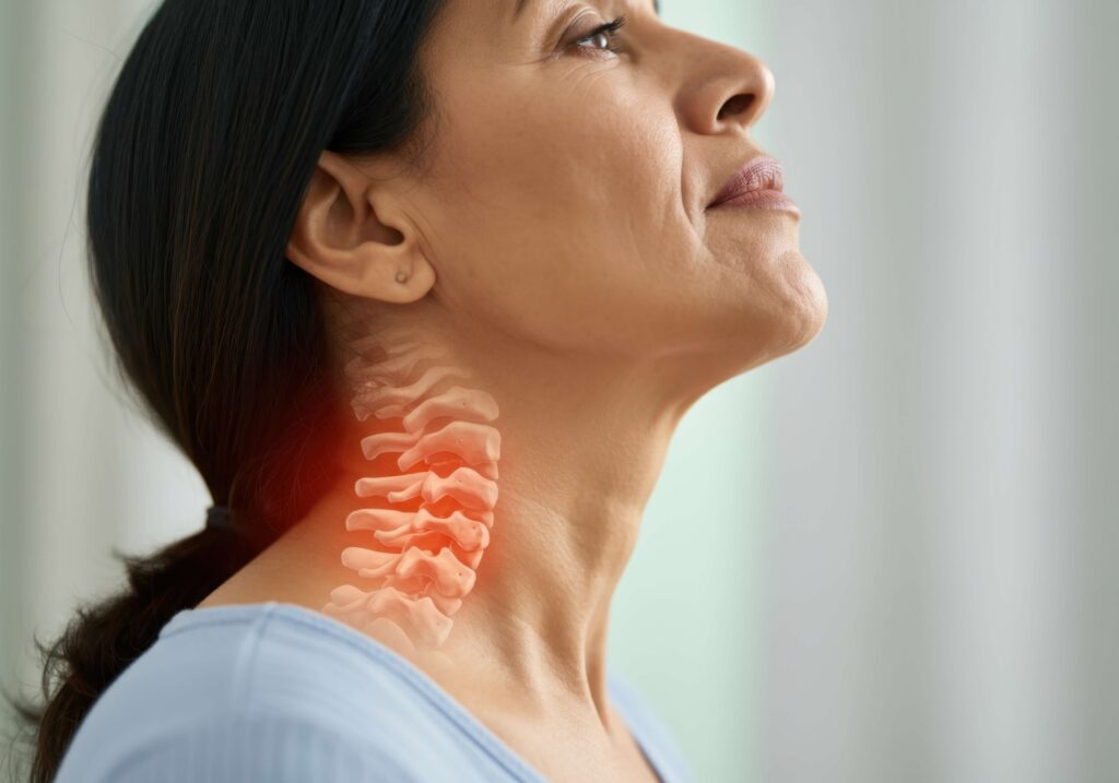Woman holding her neck with the cervical spine highlighted, indicating whiplash pain