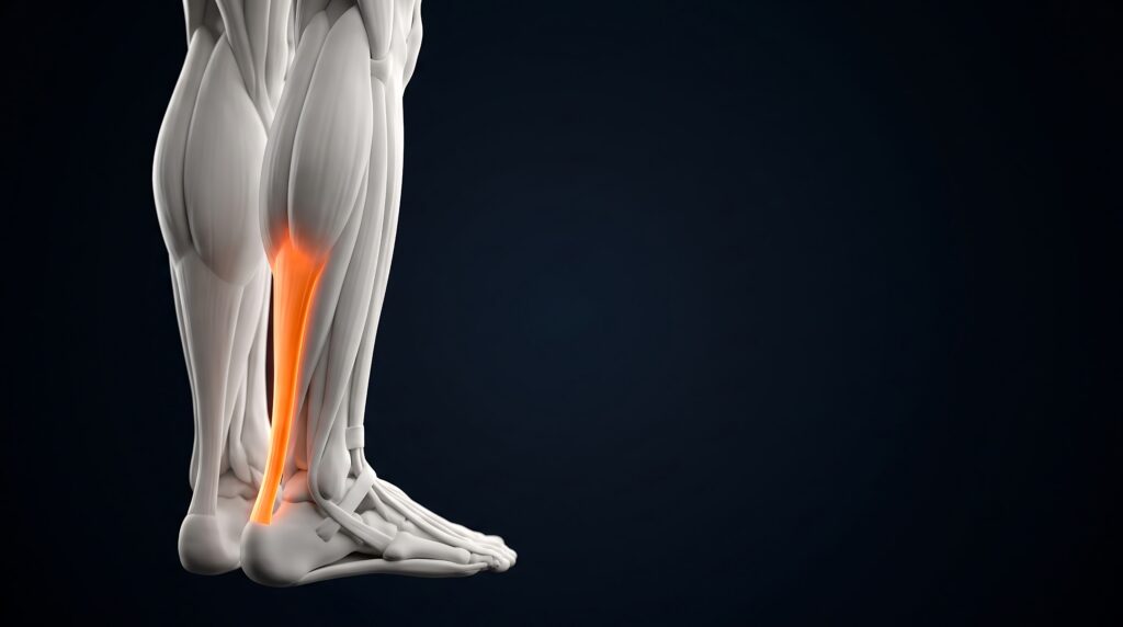 Anatomical illustration of the calf muscles and the Achilles tendon highlighted at the back of the lower leg