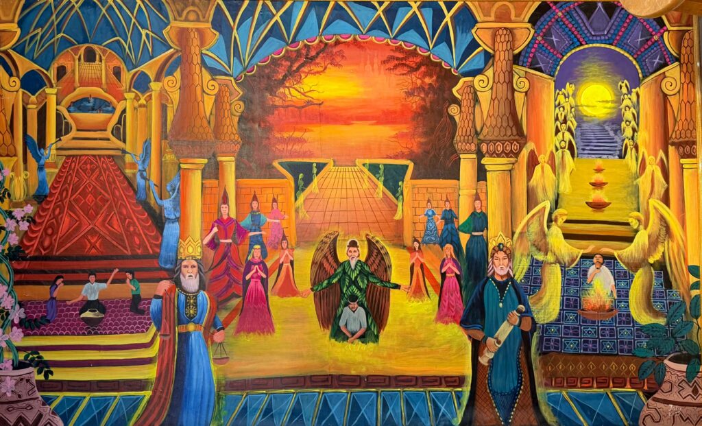 Allegorical painting in Dr. Tony Willcox's practice depicting the unseen, spiritual world of healing.