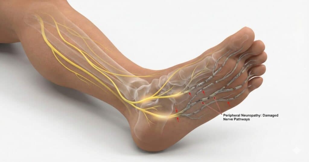 Anatomical illustration of peripheral neuropathy showing healthy nerves transitioning to damaged nerve pathways in the foot