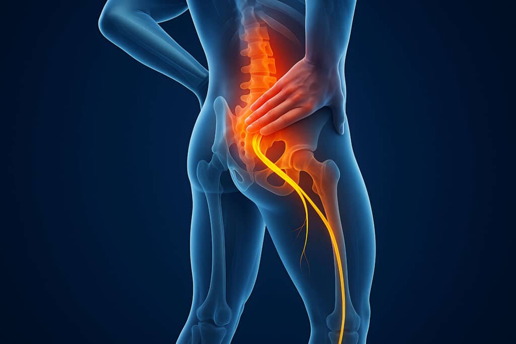 Anatomical illustration of a hand on the lower back with the lumbar spine glowing and the sciatic nerve highlighted down the leg, acupuncture for sciatica in Delray Beach